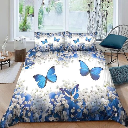 Blue Duvet Cover Toddler, Flower Bedding Set 2 Piece, Butterfly Bedroom Decor & Gift, Soft Microfiber Toddler Comforter Cover and 1 Pillow Sham, with Zipper Closure & Ties B34 in Kuwait