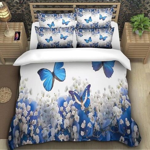 Blue Duvet Cover Toddler, Flower Bedding Set 2 Piece, Butterfly Bedroom Decor & Gift, Soft Microfiber Toddler Comforter Cover and 1 Pillow Sham, with Zipper Closure & Ties B34 in Kuwait