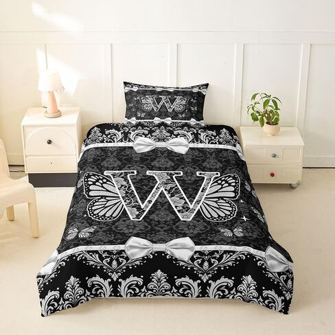 Coquette Aesthetic Butterfly Letter W Duvet Cover Set Victorian Black Damask Bow Girl Toddler Bedding Set for Toddler Glam Preppy Y2K Initial Monogram Comforter Cover Feminine Princess Floral Bed Sets in Kuwait