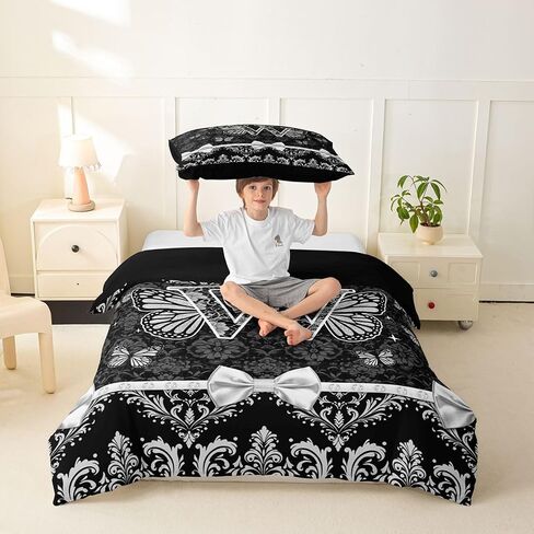 Coquette Aesthetic Butterfly Letter W Duvet Cover Set Victorian Black Damask Bow Girl Toddler Bedding Set for Toddler Glam Preppy Y2K Initial Monogram Comforter Cover Feminine Princess Floral Bed Sets in Kuwait