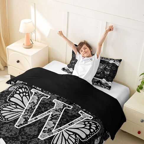 Coquette Aesthetic Butterfly Letter W Duvet Cover Set Victorian Black Damask Bow Girl Toddler Bedding Set for Toddler Glam Preppy Y2K Initial Monogram Comforter Cover Feminine Princess Floral Bed Sets in Kuwait