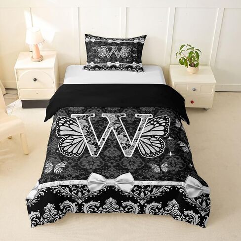 Coquette Aesthetic Butterfly Letter W Duvet Cover Set Victorian Black Damask Bow Girl Toddler Bedding Set for Toddler Glam Preppy Y2K Initial Monogram Comforter Cover Feminine Princess Floral Bed Sets in Kuwait