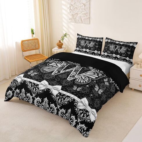Coquette Aesthetic Butterfly Letter W Duvet Cover Set Victorian Black Damask Bow Girl Toddler Bedding Set for Toddler Glam Preppy Y2K Initial Monogram Comforter Cover Feminine Princess Floral Bed Sets in Kuwait