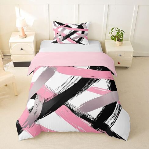 Erosebridal Pink and Black Abstract Toddler Comforter Cover Modern Abstract Bedding Set for Kids Teens Watercolor Geometric Striped Duvet Cover Cool Unique Contemporary Bedroom Decor, Zipper in Kuwait
