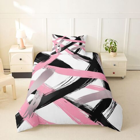 Erosebridal Pink and Black Abstract Toddler Comforter Cover Modern Abstract Bedding Set for Kids Teens Watercolor Geometric Striped Duvet Cover Cool Unique Contemporary Bedroom Decor, Zipper in Kuwait