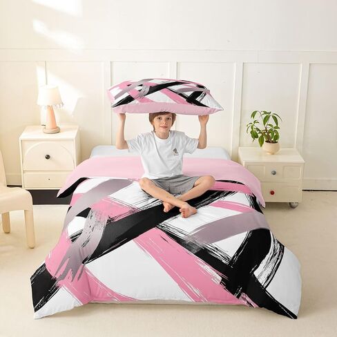 Erosebridal Pink and Black Abstract Toddler Comforter Cover Modern Abstract Bedding Set for Kids Teens Watercolor Geometric Striped Duvet Cover Cool Unique Contemporary Bedroom Decor, Zipper in Kuwait