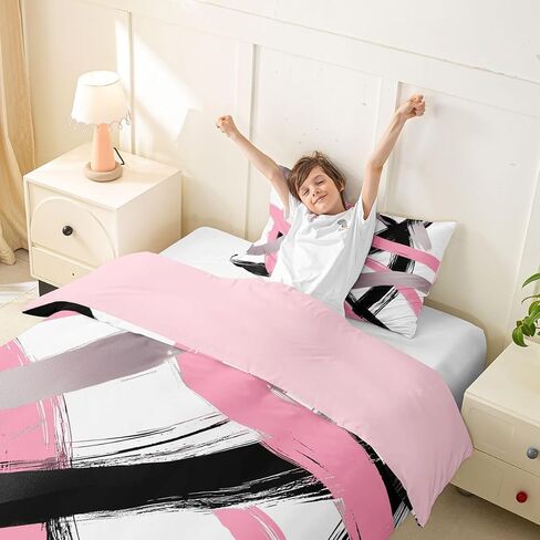 Erosebridal Pink and Black Abstract Toddler Comforter Cover Modern Abstract Bedding Set for Kids Teens Watercolor Geometric Striped Duvet Cover Cool Unique Contemporary Bedroom Decor, Zipper in Kuwait