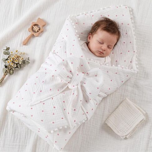 Muslin Baby Swaddle Blanket, 100% Cotton 31.5x31.5 Inch Newborn Receiving Blanket with Bow, Cute Heart Print Soft Breathable Swaddle Wrap for Boys Girls Newborn Infant Baby Shower in Kuwait