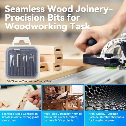 Carbide Router Bits Set for Domino Joiner, 5pcs 4-10mm, PTFE Coated | 5-piece carbide set (4/5/6/8/10mm), woodworking, joinery, chip-free cuts, covers all DF500 mortise sizes in one kit in Kuwait