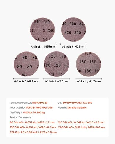VEVOR 5-inch Mesh Abrasive Sanding Discs 50PCS, Grit 80/120/180/240/320 Assorted Anti-Clogging Ceramic Mesh Sandpapers, Hook-and-Loop Sanding Discs for Metal Wood Plaster, Car Body, Paint Removal in Kuwait
