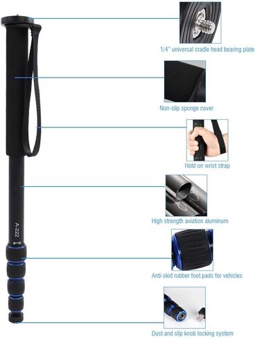 5KG Heavy Load Telescopic Aluminum Alloy Monopod Tripod, Portable Camera Monopod with Tripod Stand Base, Adjustable 17.7-65 Inch for DSLR Mirrorless Cameras in Kuwait