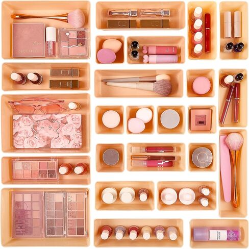 Vtopmart 25 PCS Clear Plastic Drawer Organizers Set, 4-Size Versatile Bathroom and Vanity Drawer Organizer Trays, Storage Bins for Makeup, Bedroom, Kitchen Gadgets Utensils and Office | 4-Size Versatile Makeup Organizer, Storage Containers Small Bins for  in Kuwait