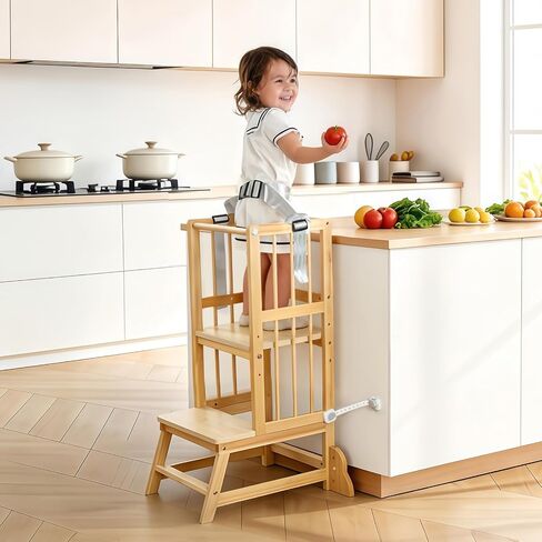 Toddler Step Stool, Kitchen Tower for Toddlers, Adjustable Height Children's Wooden Kitchen Stool, Kids Tower for Learning with Removable Safety Railing, Ages 18 Month to 3 Years(Wood) in Kuwait