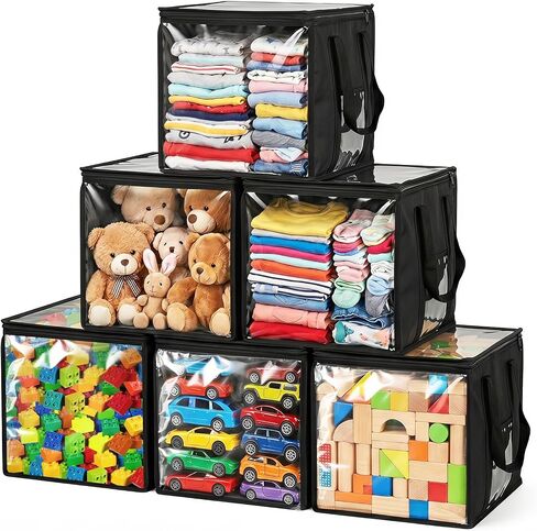 4 Pack Clear PVC Storage Bins with Handles - 12" x 12" Cube Storage Bins Foldable Transparent Storage Box, PVC Organizer Boxes for Clothes, Toys and Stuffed Animal Storage (Black) in Kuwait