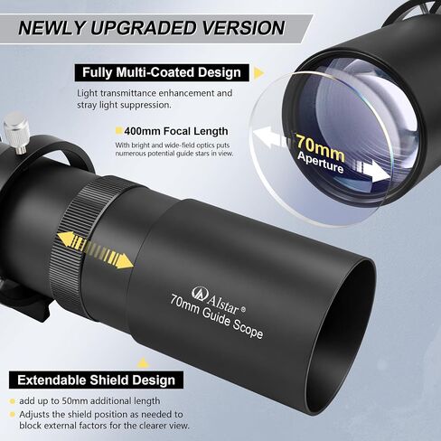 Alstar Guide Scope Upgrated 70mm Finderscope with Double Helical Focuser | 400mm Focal Length, Fully Multi-Coated Lense, 88mm Focusing Range, Visual & Guiding Use, Metal Housing, Dual Focusing System in Kuwait