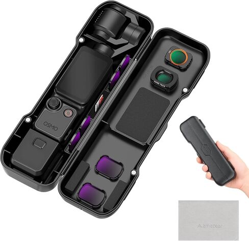 AMAZEAR Portable Protective Case for DJI OSMO Pocket 4/3/Xtra Muse Accessories, Hard Cover with Silicone Lining for 7 Lens Filters, Wide-Angle Lens, MicroSD Card, Easy Carry Storage Travel, Black in Kuwait