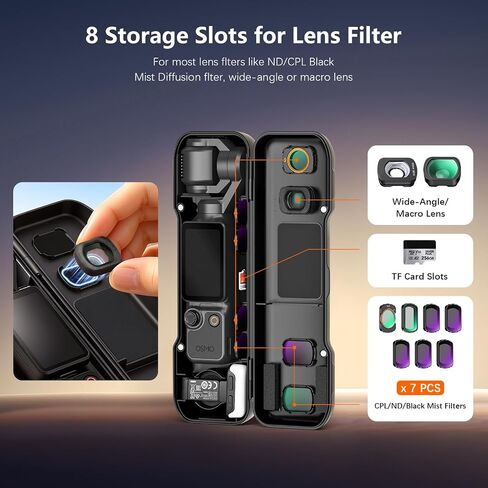 AMAZEAR Portable Protective Case for DJI OSMO Pocket 4/3/Xtra Muse Accessories, Hard Cover with Silicone Lining for 7 Lens Filters, Wide-Angle Lens, MicroSD Card, Easy Carry Storage Travel, Black in Kuwait