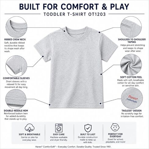 Hanes Essentials Toddler Cotton T-Shirt Boys & Girls Soft Breathable Crewneck Tee 1-Pack, 3-Pack, 6-Pack & 12-Pack in Kuwait