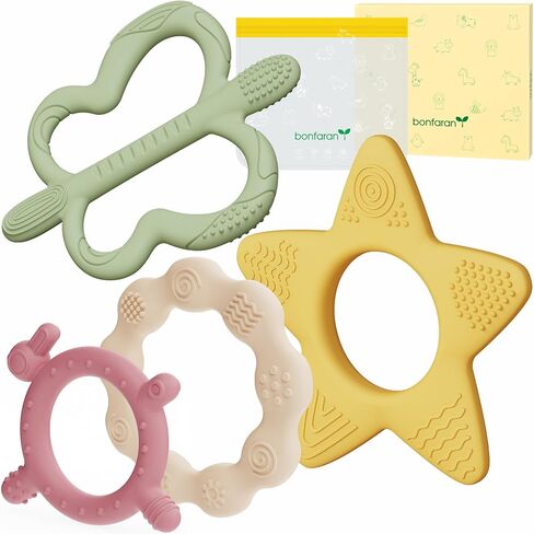 Baby Teether Set, 4 Softness Levels – Silicone Teething Toys 0-18M | 4 Teethers, One for Every Teething Stage | Multi-Textured | Freezer-Safe Storage Pouch | Teething Relief & BPA-Free in Kuwait