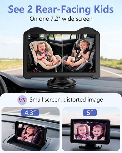 1080P Dual Baby Car Camera for 2 Kids: 7.2'' Split Screen Monitor for Twins | Auto-Brightness Car Seat Camera with Cable Clips – Organizes Cables for Neat & Easy Setup for Road Trips and Daily Commutes in Kuwait