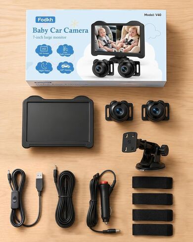 1080P Dual Baby Car Camera for 2 Kids: 7.2'' Split Screen Monitor for Twins | Auto-Brightness Car Seat Camera with Cable Clips – Organizes Cables for Neat & Easy Setup for Road Trips and Daily Commutes in Kuwait