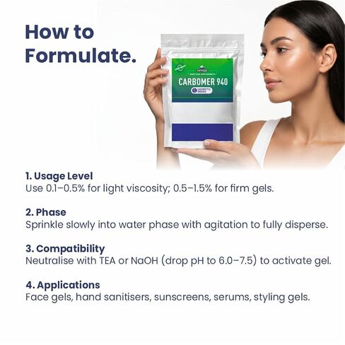 Carbomer 940 Powder (60 g / 2.1 oz) - Cosmetic Grade Thickening & Gelling Agent for DIY Serums Gels Creams & Lotions in Kuwait