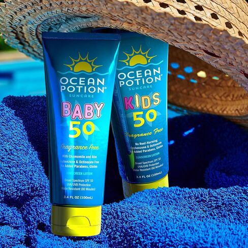 Ocean Potion Baby Sunscreen Lotion SPF 50, Broad Spectrum UVA/UVB Sun Protection, Gentle Non-Greasy Sunscreen Body Lotion with Aloe & Vitamin E, Travel Size Sun Screen 3.4 oz, Unscented in Kuwait