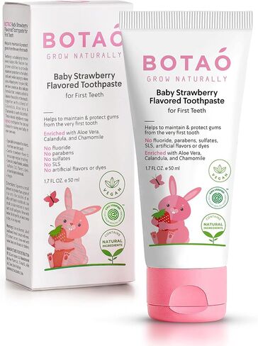 BOTAO Fluoride Free Baby Toothpaste | Strawberry Flavored - Organic Training Natural Toddler Toothpaste for Toddlers | EWG Verified, Vegan, SLS Free, Safe to Swallow, Aloe Vera -1.7Oz in Kuwait