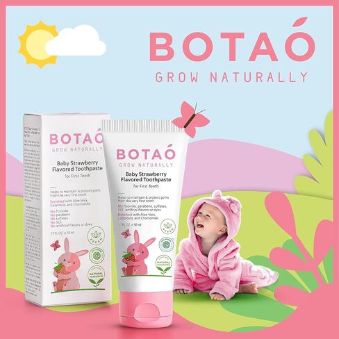 BOTAO Fluoride Free Baby Toothpaste | Strawberry Flavored - Organic Training Natural Toddler Toothpaste for Toddlers | EWG Verified, Vegan, SLS Free, Safe to Swallow, Aloe Vera -1.7Oz in Kuwait