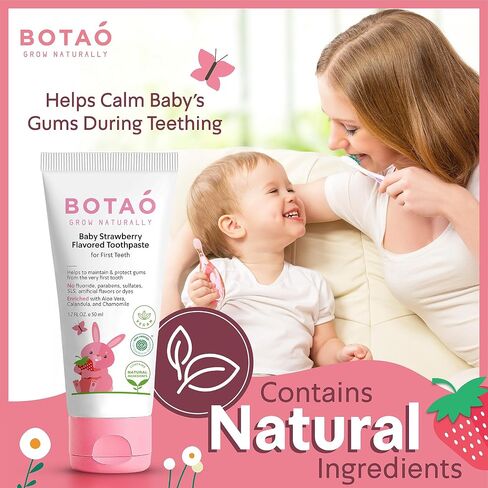 BOTAO Fluoride Free Baby Toothpaste | Strawberry Flavored - Organic Training Natural Toddler Toothpaste for Toddlers | EWG Verified, Vegan, SLS Free, Safe to Swallow, Aloe Vera -1.7Oz in Kuwait