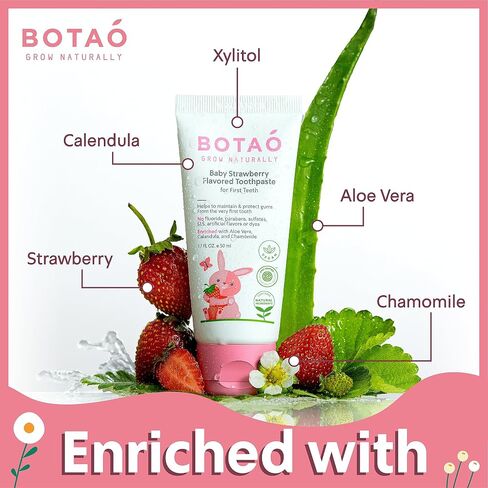 BOTAO Fluoride Free Baby Toothpaste | Strawberry Flavored - Organic Training Natural Toddler Toothpaste for Toddlers | EWG Verified, Vegan, SLS Free, Safe to Swallow, Aloe Vera -1.7Oz in Kuwait