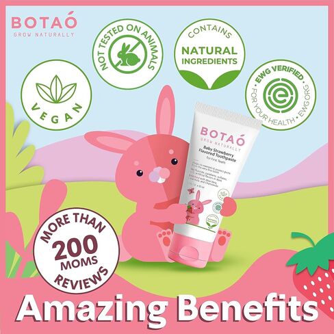 BOTAO Fluoride Free Baby Toothpaste | Strawberry Flavored - Organic Training Natural Toddler Toothpaste for Toddlers | EWG Verified, Vegan, SLS Free, Safe to Swallow, Aloe Vera -1.7Oz in Kuwait