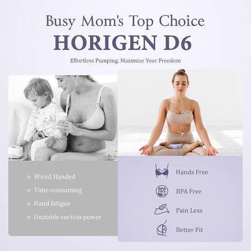 Breast Pump D6, Ultra-Lightweight Hands Free Wearable Breast Pump with Upgraded Leak-Proof Double-Seal Flange, Electric Breastfeeding Pump 3 Modes | 9 Levels, 3 Fine-Tuned Rhythms, 15/17/19/21/25mm in Kuwait