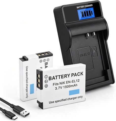 2-Pack EN-EL12 Battery and LCD USB Charger Replacement for Nikon Coolpix | A1000 B600 W300 A900 AW100 AW110 AW120 AW130 S6300 S8100 S8200 S9050 S9200 S9300 S9400 S9500 S9700 S9900 P310 Digital Camera in Kuwait