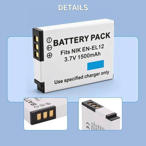 2-Pack EN-EL12 Battery and LCD USB Charger Replacement for Nikon Coolpix | A1000 B600 W300 A900 AW100 AW110 AW120 AW130 S6300 S8100 S8200 S9050 S9200 S9300 S9400 S9500 S9700 S9900 P310 Digital Camera in Kuwait