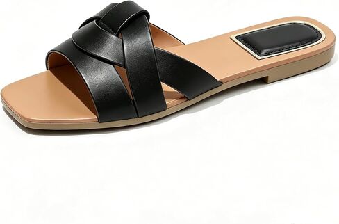 Women's Flat Slide Sandals, Square Toe Slip On Summer Casual Cute Dressy | Simple, elegant crisscross design. Soft, breathable & light. Flatters. Non-slip sole for work, resort, beach & dressy in Kuwait