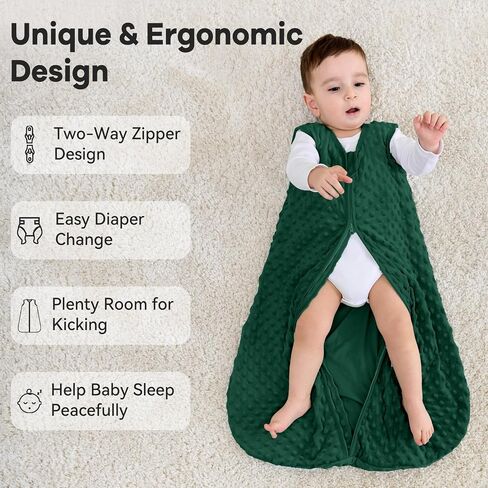 Unnivoll Fleece Baby Sleep Sack 6-12 Months with Plush Dots 1.5 Tog Baby Wearable Blanket with 2-Way Zipper Warm Sleeping Sack for Toddler Infant Newborn - Medium, Forest Green in Kuwait
