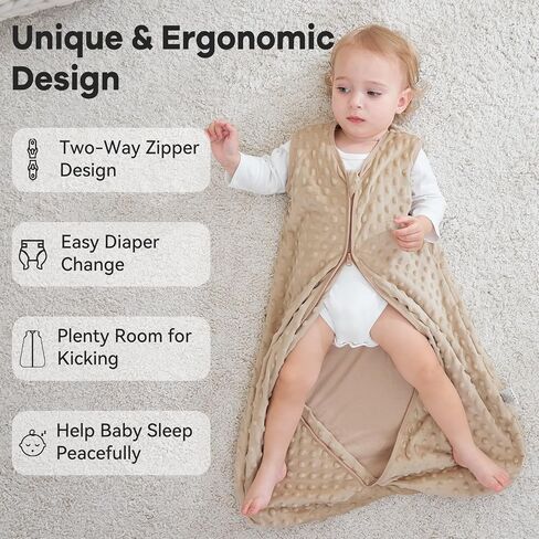 Unnivoll Fleece Baby Sleep Sack 6-12 Months with Plush Dots 1.5 Tog Baby Wearable Blanket with 2-Way Zipper Warm Sleeping Sack for Toddler Infant Newborn - Medium, Coffee in Kuwait