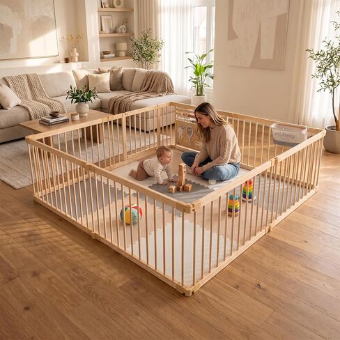 Miotetto Baby Playpen, Wooden Playpen for Babies and Toddlers, Foldable Fence with Montessori Activity Panel, Storage Basket & Gate, Portable, Easy to Assemble Baby Play Pen Natural Wood Playyard in Kuwait
