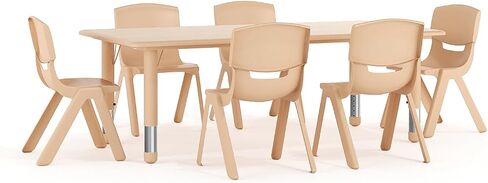 Flash Furniture Emmy Adjustable Classroom Activity Table with 6 Stackable Chairs, Plastic Activity Table for Kids, 23.625" W x 47.25" L, Natural in Kuwait