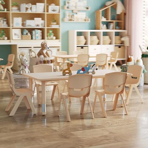 Flash Furniture Emmy Adjustable Classroom Activity Table with 6 Stackable Chairs, Plastic Activity Table for Kids, 23.625" W x 47.25" L, Natural in Kuwait