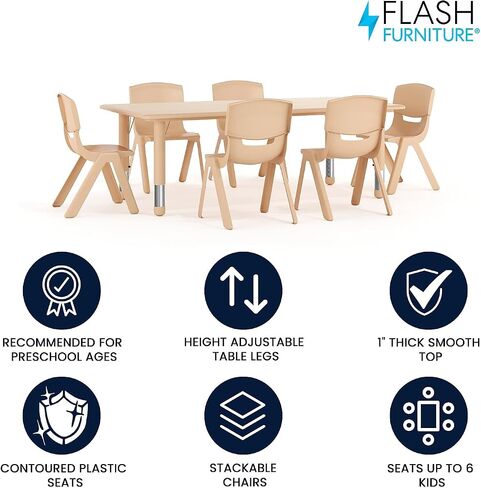 Flash Furniture Emmy Adjustable Classroom Activity Table with 6 Stackable Chairs, Plastic Activity Table for Kids, 23.625" W x 47.25" L, Natural in Kuwait