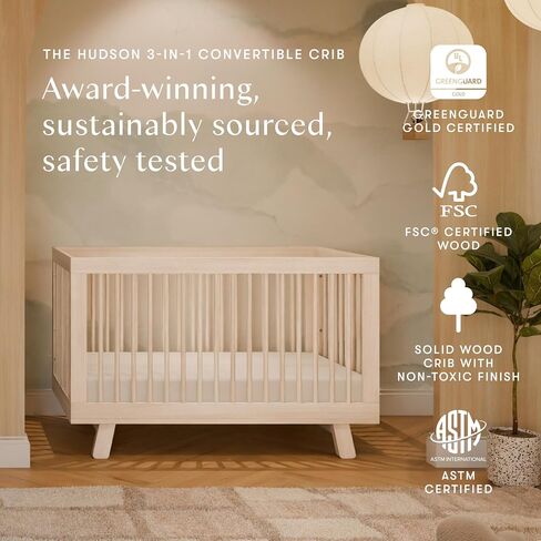 Babyletto Hudson 3-in-1 Convertible Baby Crib - GREENGUARD Gold Certified - Convertible Crib to Toddler Bed and Daybed - Baby Bed with 4 Adjustable Heights - Wooden Crib - Washed Natural | GREENGUARD Gold Certified Wooden Crib - Converts to Toddler Bed &  in Saudi Arabia
