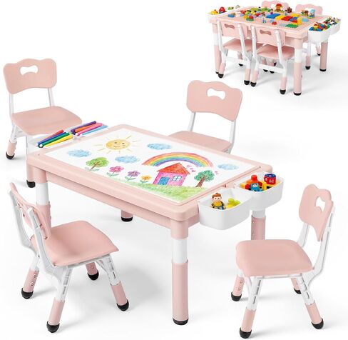 Kinder King Kids Table & 2 Chairs Set, Adjustable Heights, Storage, Grey | Graffiti & Building Blocks Tabletop, Children Activity Table Toddler Furniture Set for Playroom, Daycare, Home, Age 3+ in Kuwait