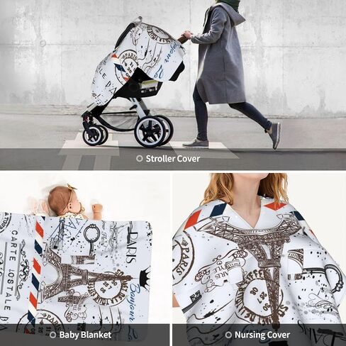 Paris Eiffel Tower Vintage Baby Car Seat Cover & Breastfeeding Nursing Cover - Breathable Stretch Fabric Multi-Use Nursing Cover for Breastfeeding in Kuwait