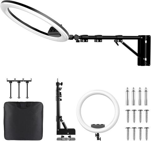 Ring Light Wall Mount with 3 Phone Holder 19", 45.7" Adjustable Boom Arm | 180° Rotatable Space-Saving Wall Mount Lighting Design for Photography, Makeup, Tattoo, Beauty Salon, Barber Studio in Kuwait