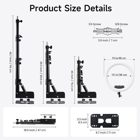Ring Light Wall Mount with 3 Phone Holder 19", 45.7" Adjustable Boom Arm | 180° Rotatable Space-Saving Wall Mount Lighting Design for Photography, Makeup, Tattoo, Beauty Salon, Barber Studio in Kuwait