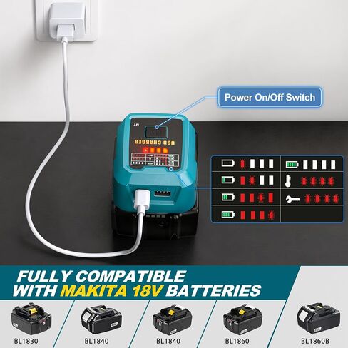 Adisipsoarin 100W USB C Battery Charger Compatible with Makita 18V Battery, Power Adapter Fast Charging Station with USB-A Port, Fast Charging Hub for Laptops Phones Tablets (Tool Only) in Kuwait
