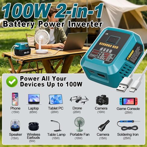 Adisipsoarin 100W USB C Battery Charger Compatible with Makita 18V Battery, Power Adapter Fast Charging Station with USB-A Port, Fast Charging Hub for Laptops Phones Tablets (Tool Only) in Kuwait