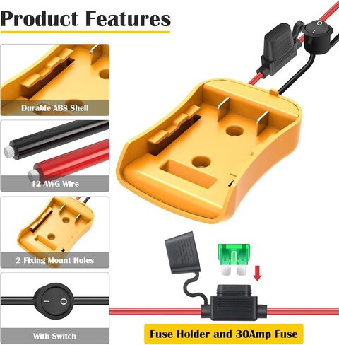 1 Packs Adapter for Dewalt 20V Battery Adapter for Power Wheel Battery Upgrade Conversion Kit with Switch, Fuse & Wire Terminals, 12AWG Wire, Power Tool Power Connector for DIY Rc Car Toys in Kuwait